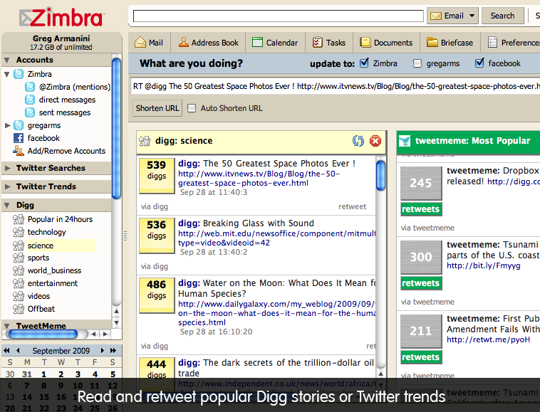 Zimbra Social - Digg and Twitter trends